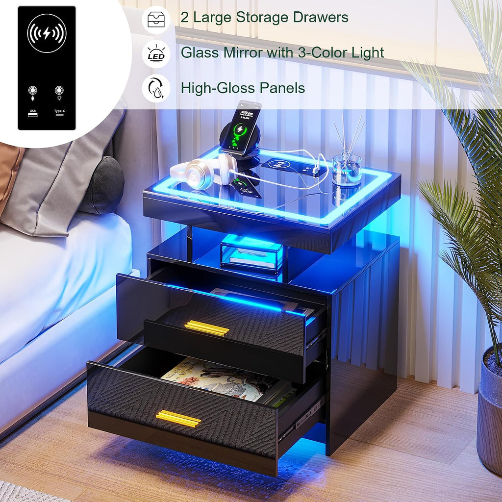LED Nightstand with Charging Station (USB,Type-C Ports) High Gloss Bedside Table with 2 Drawers, Smart Night Stand