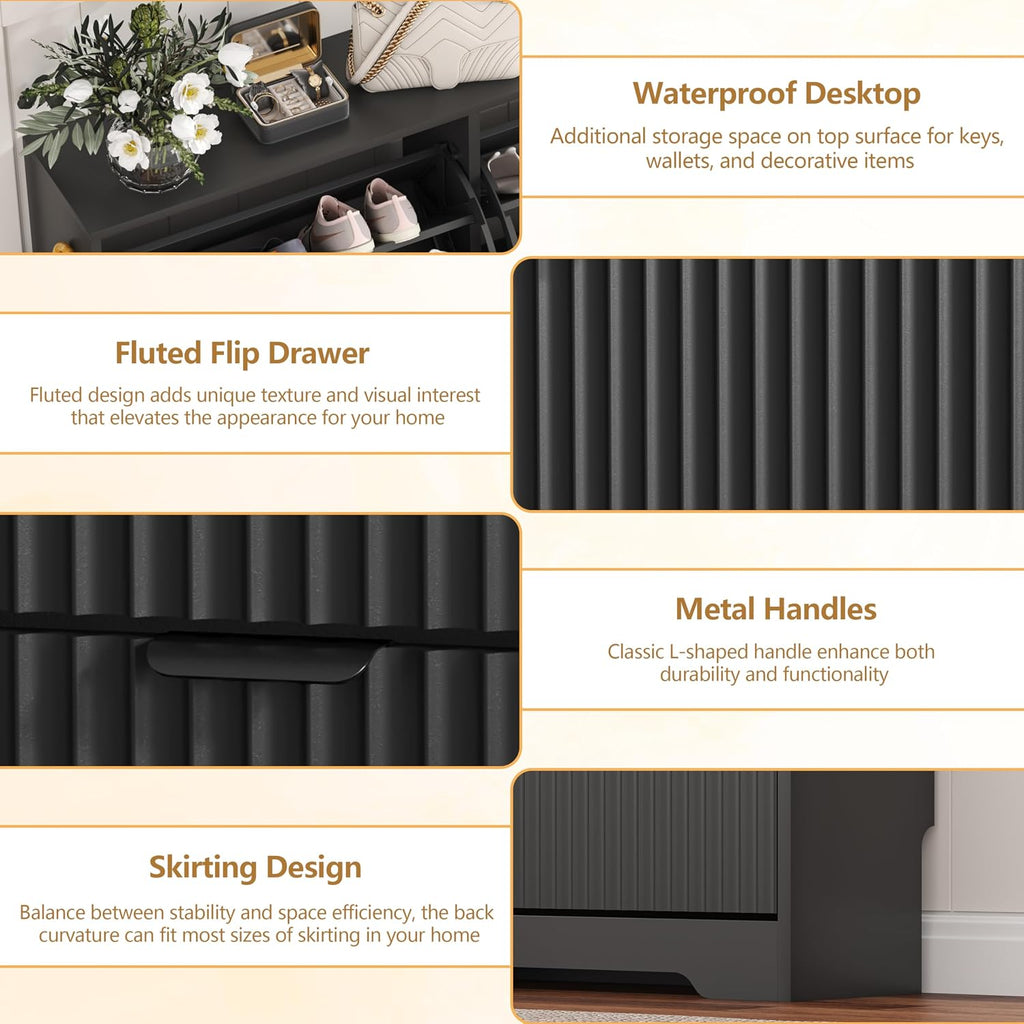 Shoe Cabinet Storage with 4 Flip Drawers, Black Fluted Shoe Cabinet with Adjustable Shelves, Wooden Hidden Shoe Rack