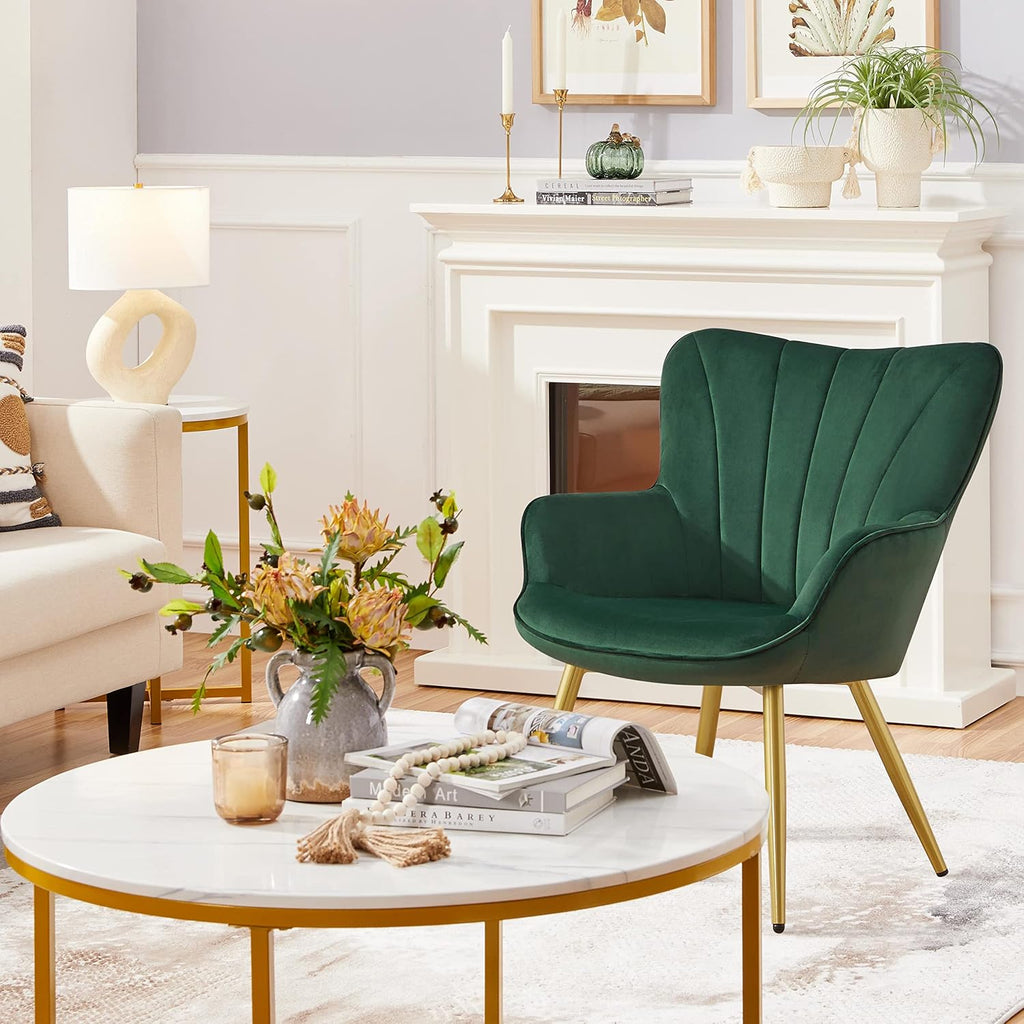Velvet Accent Chair, Modern Armchair Vanity Chair with Wing Side and Metal Legs, Cozy and Soft Padded and High Back