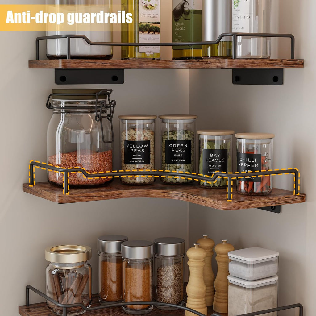 L-Shaped Corner Floating Shelves Set of 3,Rustic Wood Wall Mounted Storage Shelves,Display Shelf (Brown)