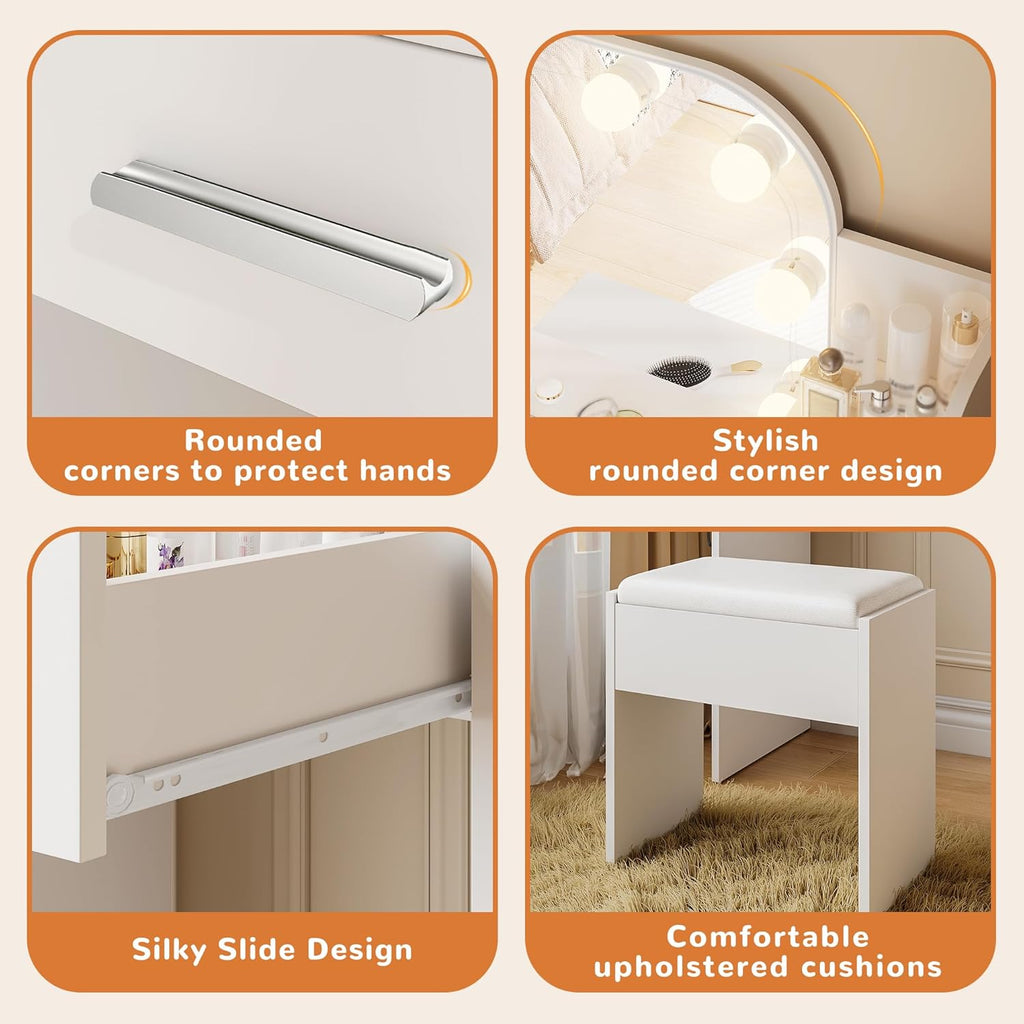 Small Vanity, Set with Big Mirror, Lights & Chair, for Girls, White | Small footprint, huge storage, 14.2×26.5×54.4"