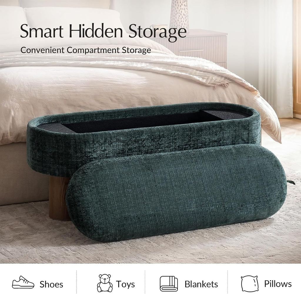 Storage Bench with Upholstered Seat and Wood Tabletop, Forest | Entryway Bench with Reversible Lid and Hidden