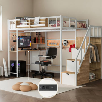 Twin Loft Bed with Desk, Storage Stairs & Wardrobe, Metal Loft Bed Frame w/Headboard, Bedside Shelf