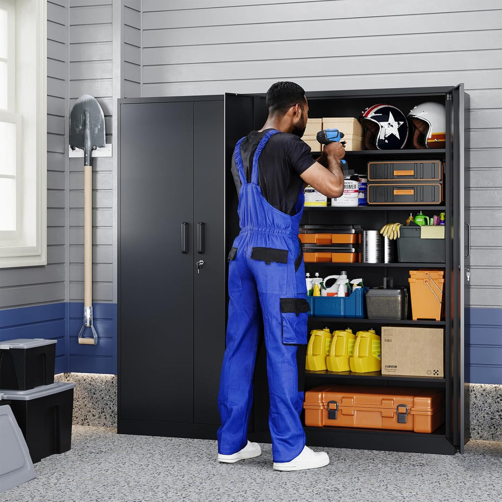 Metal Storage Cabinet with Lock - 72" Garage Storage Cabinet with 2 Locking Doors and 5 Adjustable Shelves, Black