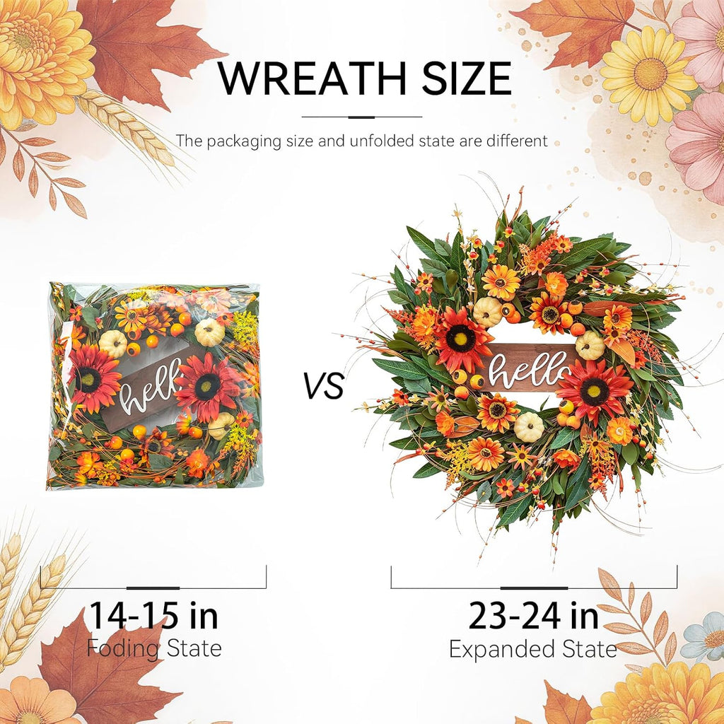 24 Inch Artificial Fall Wreaths for Front Door Outside with Hello Sign''