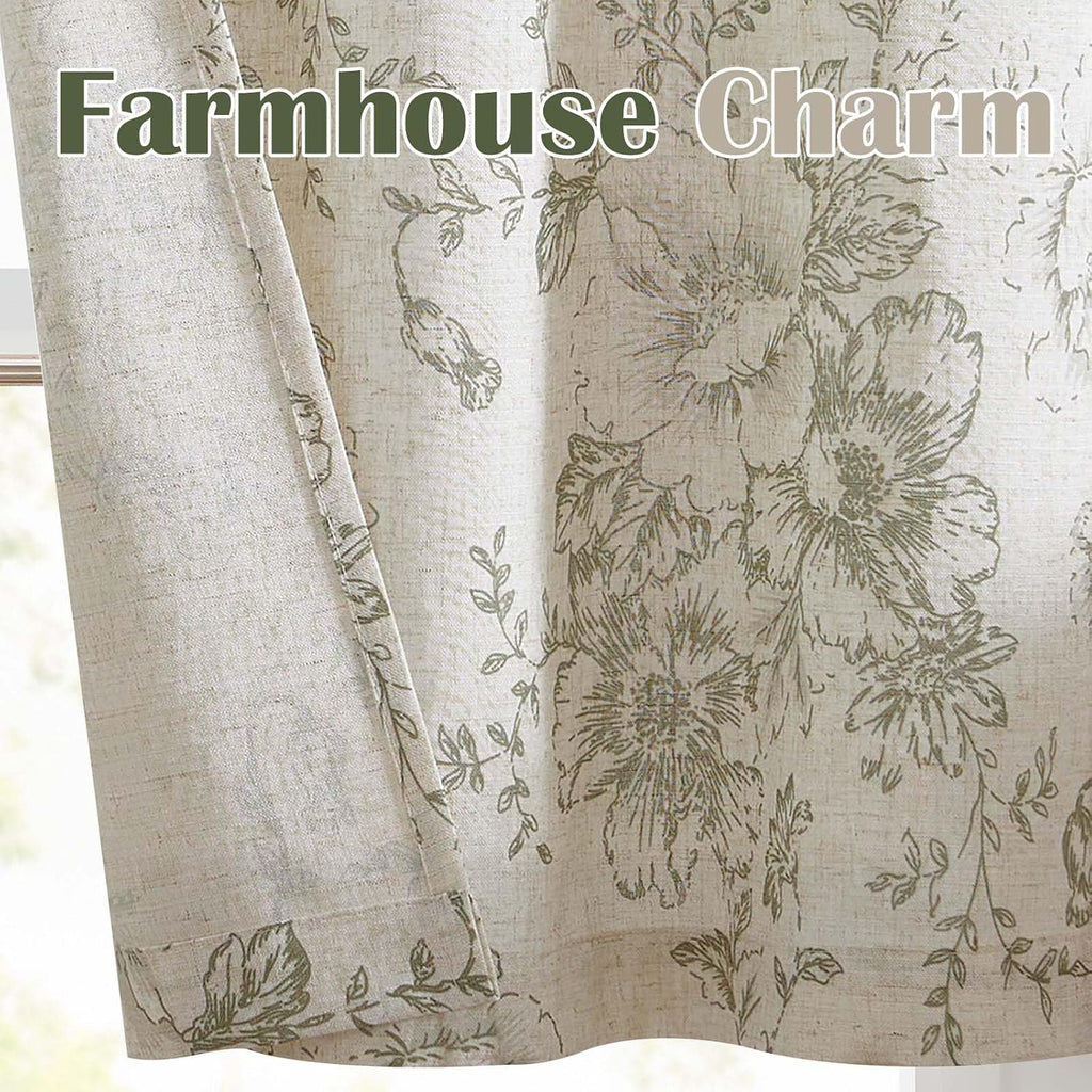 Linen Valance Curtain Farmhouse Sage Green Floral Window Valance, French Country Flower Drapes for Kitchen