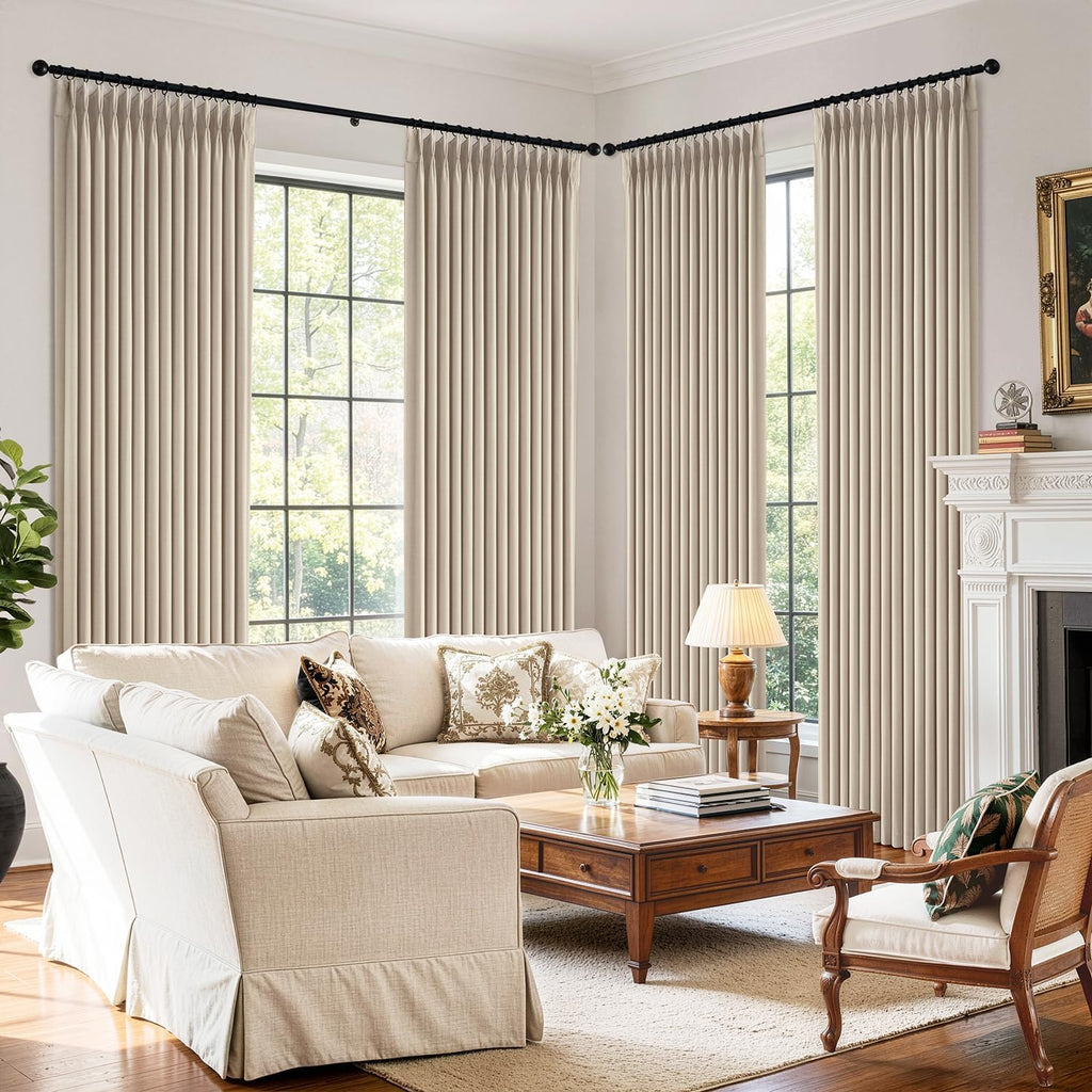 Pinch Pleated 100% Blackout Curtains 4 Panel Set for Bedroom Thick Linen Memory Trained Pleat Living