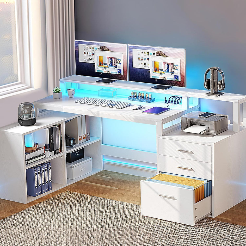 L Shaped Desk with Drawers, 65" Computer Desk with Power Outlets & LED Lights