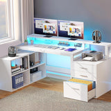 L Shaped Desk with Drawers, 65" Computer Desk with Power Outlets & LED Lights