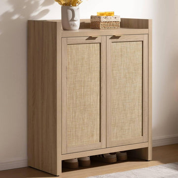 Shoe Cabinet, 24 Pair Shoe Storage Organizer Cabinet, 41" Tall Rattan Shoe Cabinet with Doors and Shelves, 6-Tier