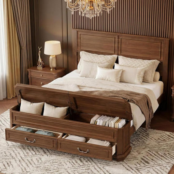 Farmhouse Queen Bed Frame with Tall Headboard, Rustic Solid Wood Platform Bed Queen with Storage Bench and 2 Large