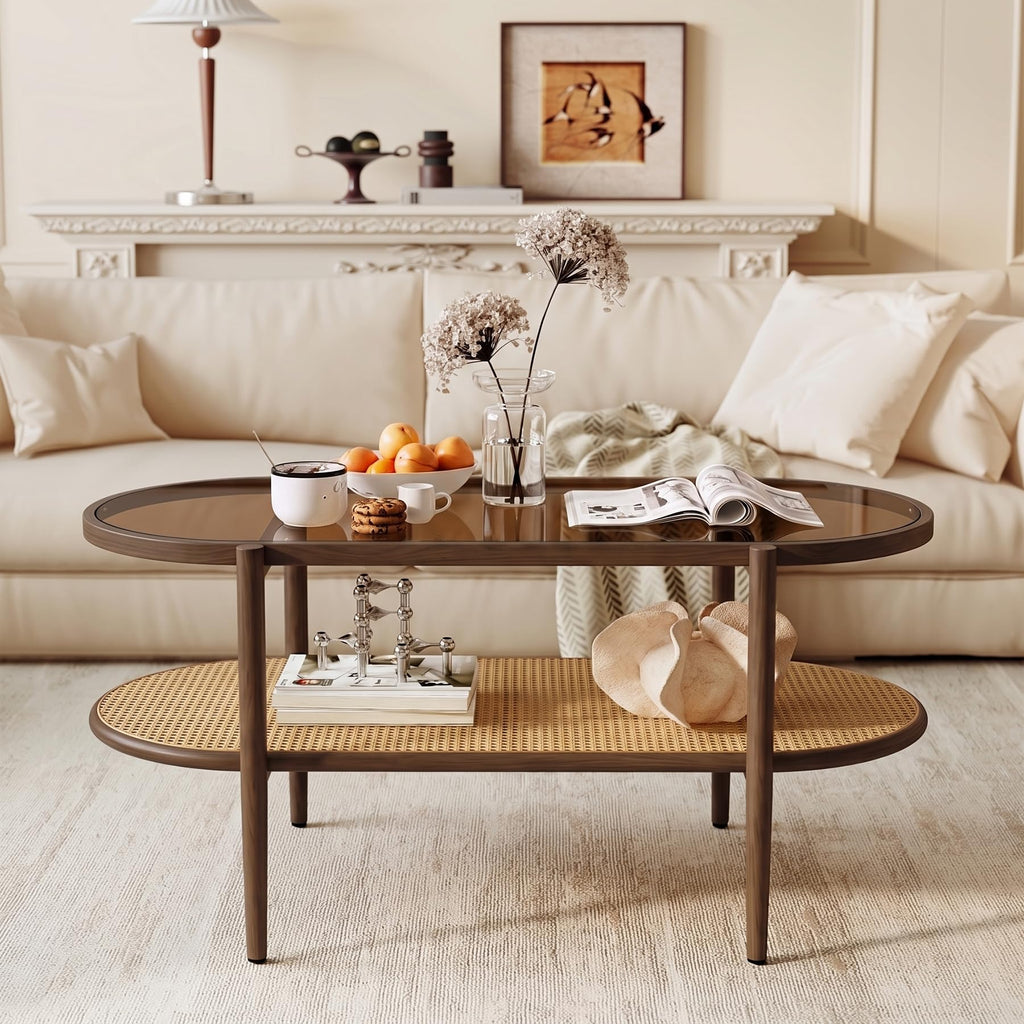 Boho Oval Coffee Table with Storage Shelf, 2-Tier Tempered Glass