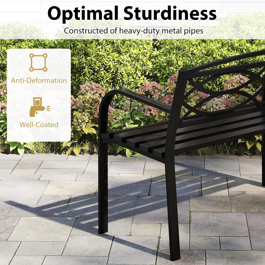 Outdoor Metal Garden Park Bench, Heavy-Duty Metal Slatted Loveseat for 2 People with Curved Armrests & Backrest
