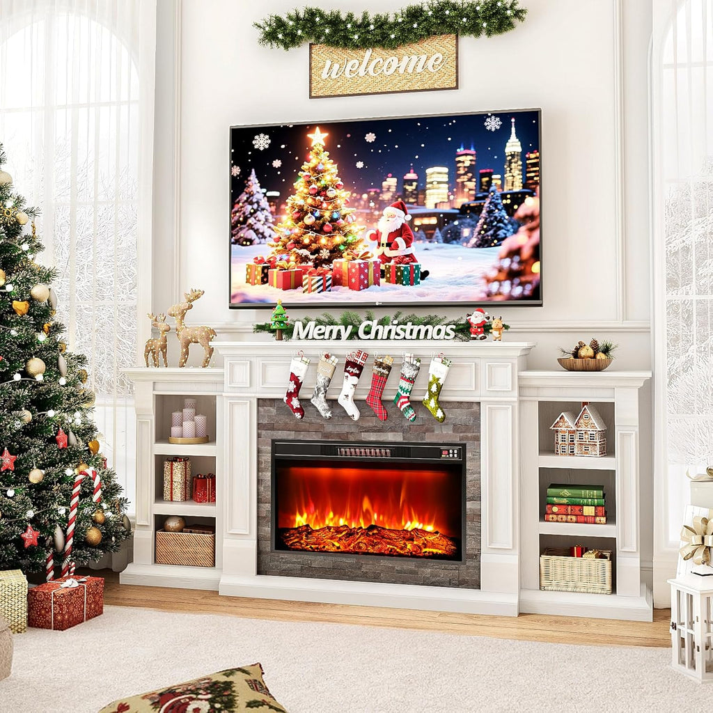 80" Electric Fireplace with Mantel, Fireplace TV Stand for TVs Up to 90 Inch, Modern Entertainment Center with Storage, 30'' Fireplace Heater Insert with 3D Flame Effect for Living Room
