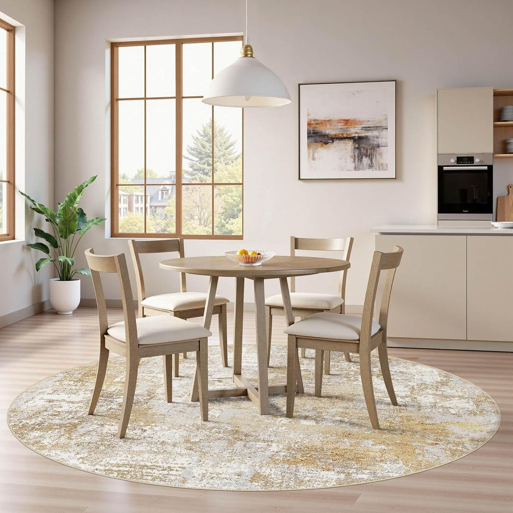 Washable 8' Round Area Rug for Living Room: Modern Abstract Neutral Large So' Thin Rugs - Non Slip I