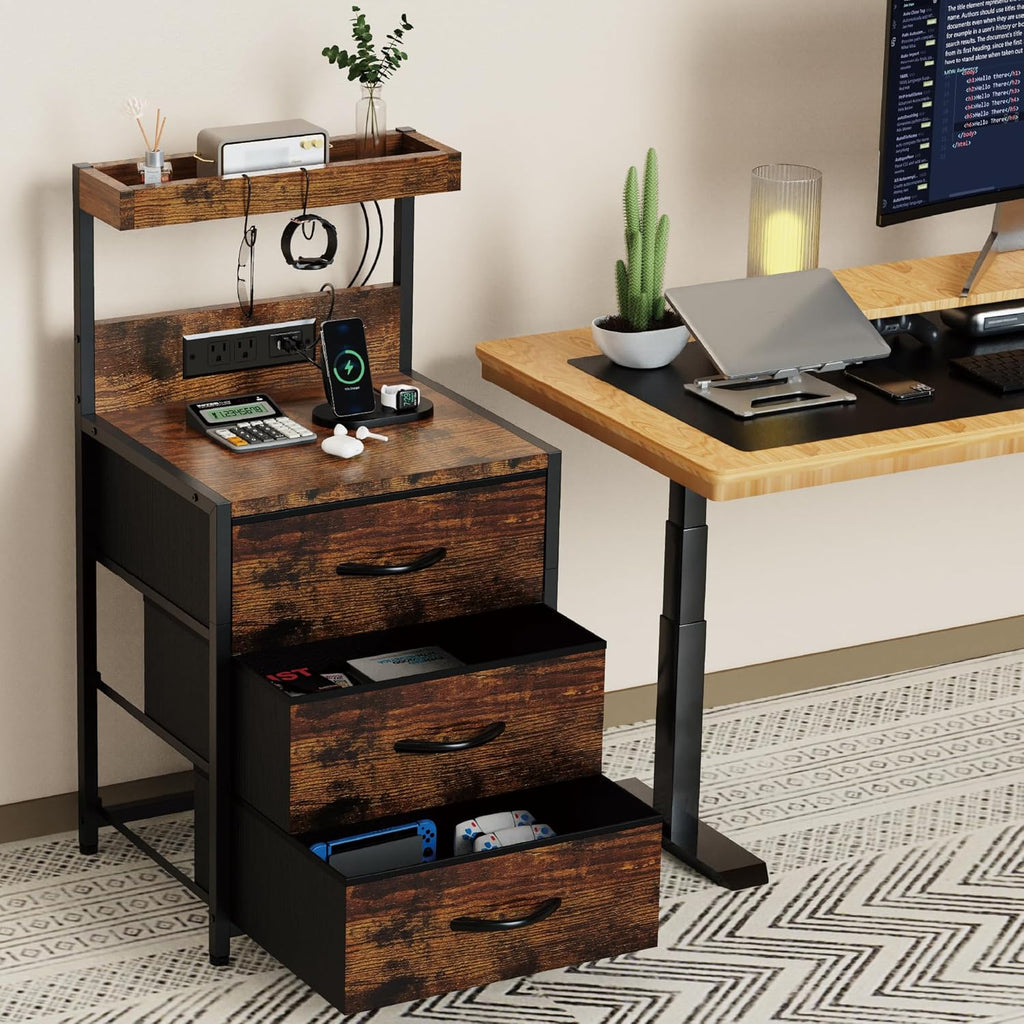 Nightstands Set of 2, End Table with LED Light and Charging Station Type C, 3 Drawers Storage Night Stand with Hooks