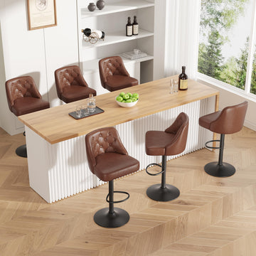 Bar Stools Set of 6, Adjustable Counter Height Bar Stool with Back, Faux Leather Upholstered Swivel Bar Chairs, Mid