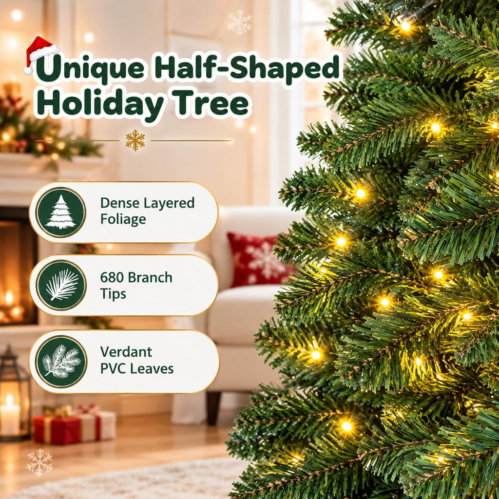 7 FT Pre-Lit Half Christmas Tree with 330 LED Lights, Easy Setup