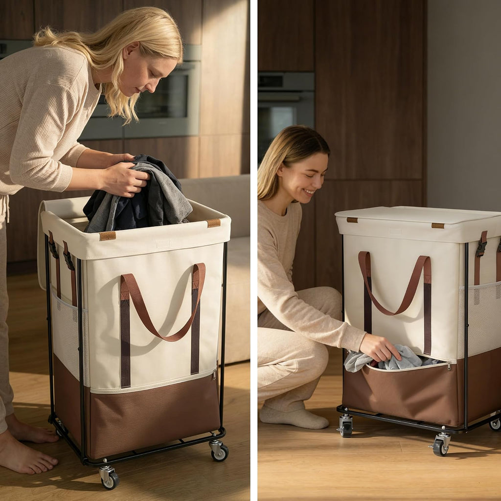 Double Laundry Hamper with Lid, Rolling Laundry Basket with Wheels and 2 Removable 75L Bags, 2 Section Large Capacity