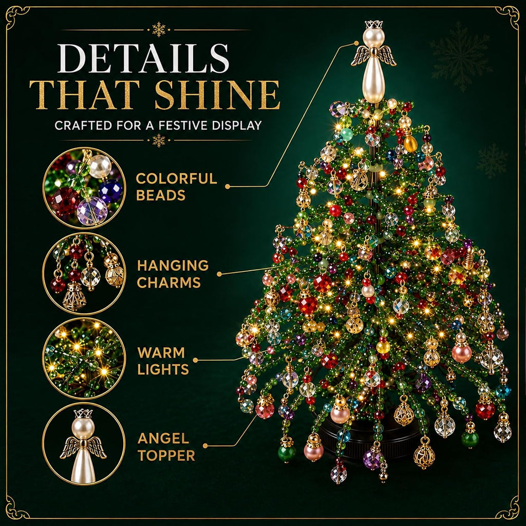 DIY Beaded Christmas Tree Kit for Adults, 3D Crystal Bead Holiday Craft Set with Colorful Beads, Ornament Charms