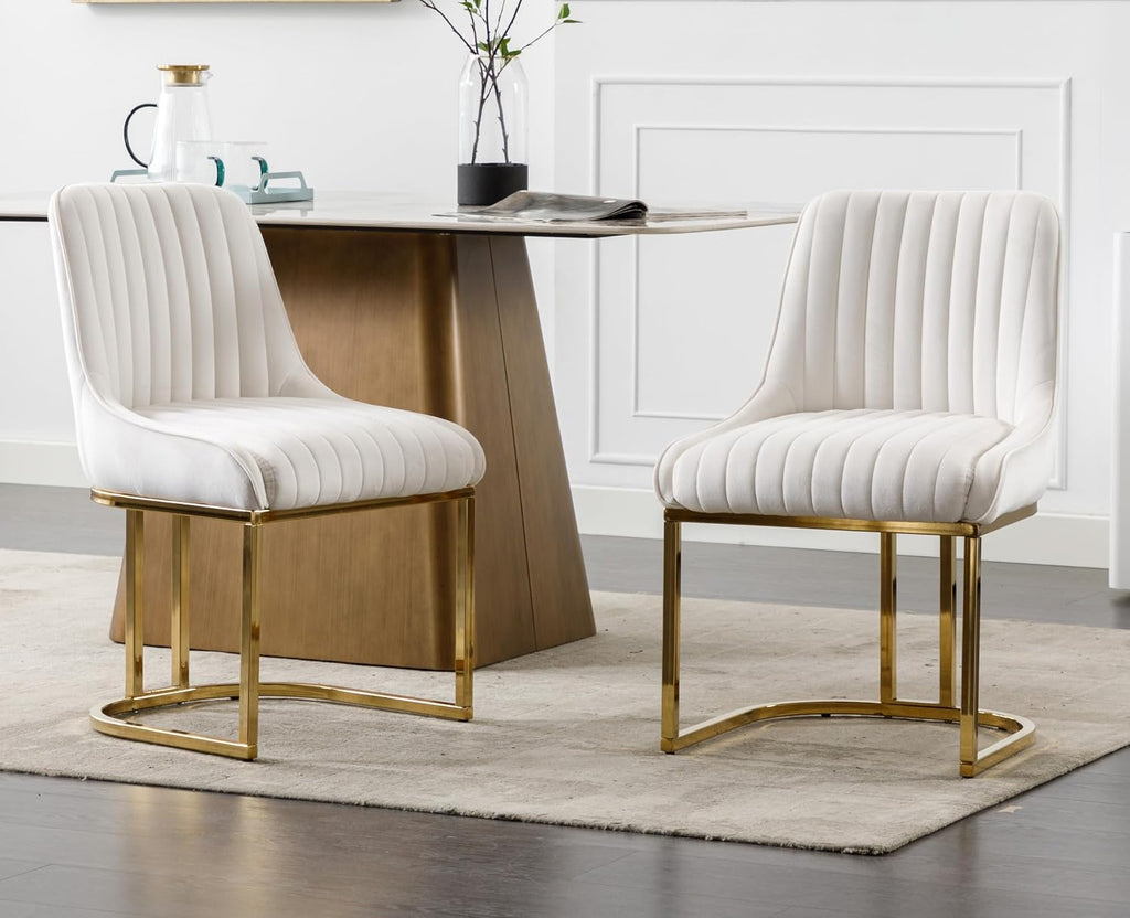Velvet Upholstered Dining Chairs Set of 6 Modern Accent Dining Room Chairs with Gold Metal Base Comfy Padded Kitchen