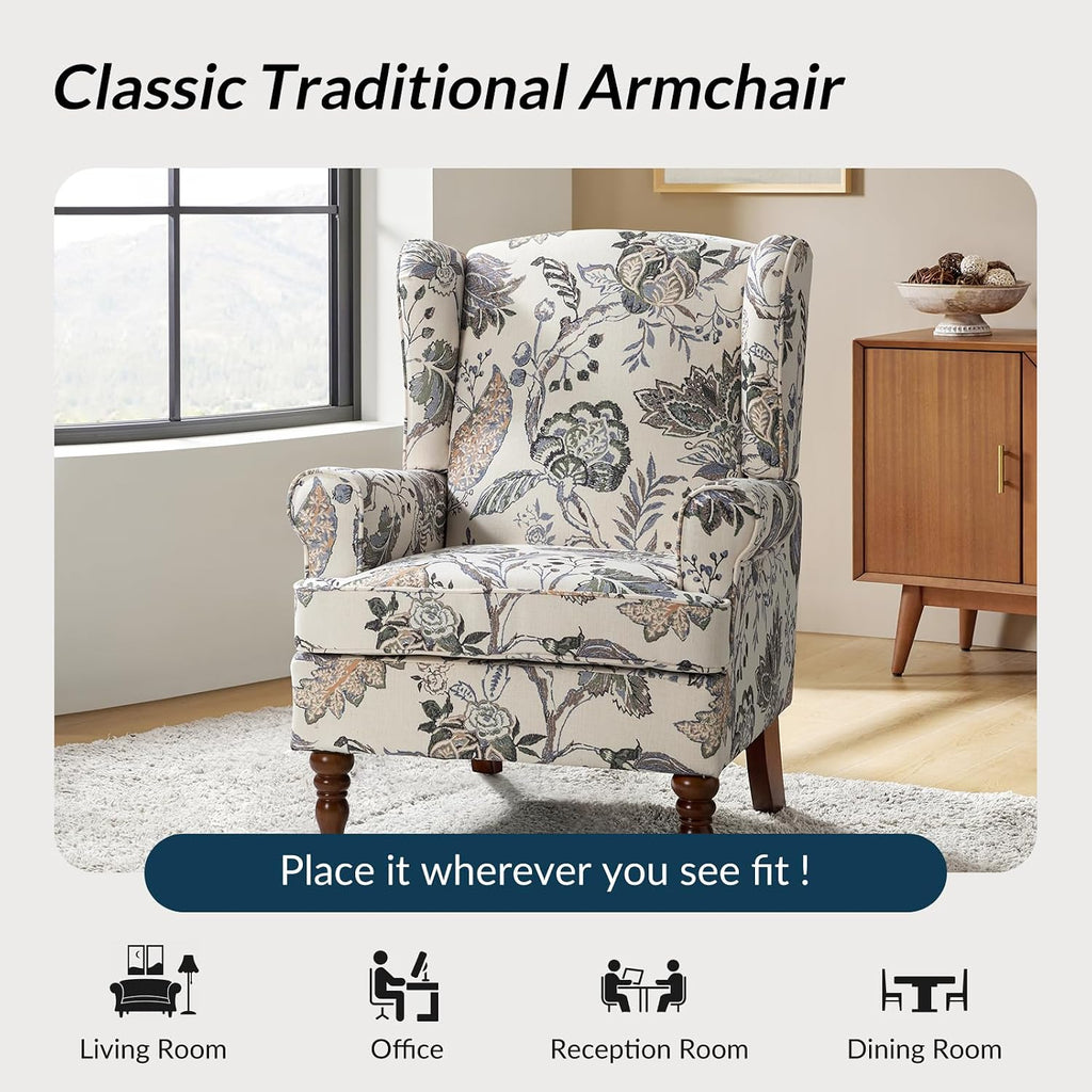 Wingback Accent Chair with Retro Wood Legs, Traditional Fabric Armchair Bedroom, Comfy Upholstered Single Sofa Chair