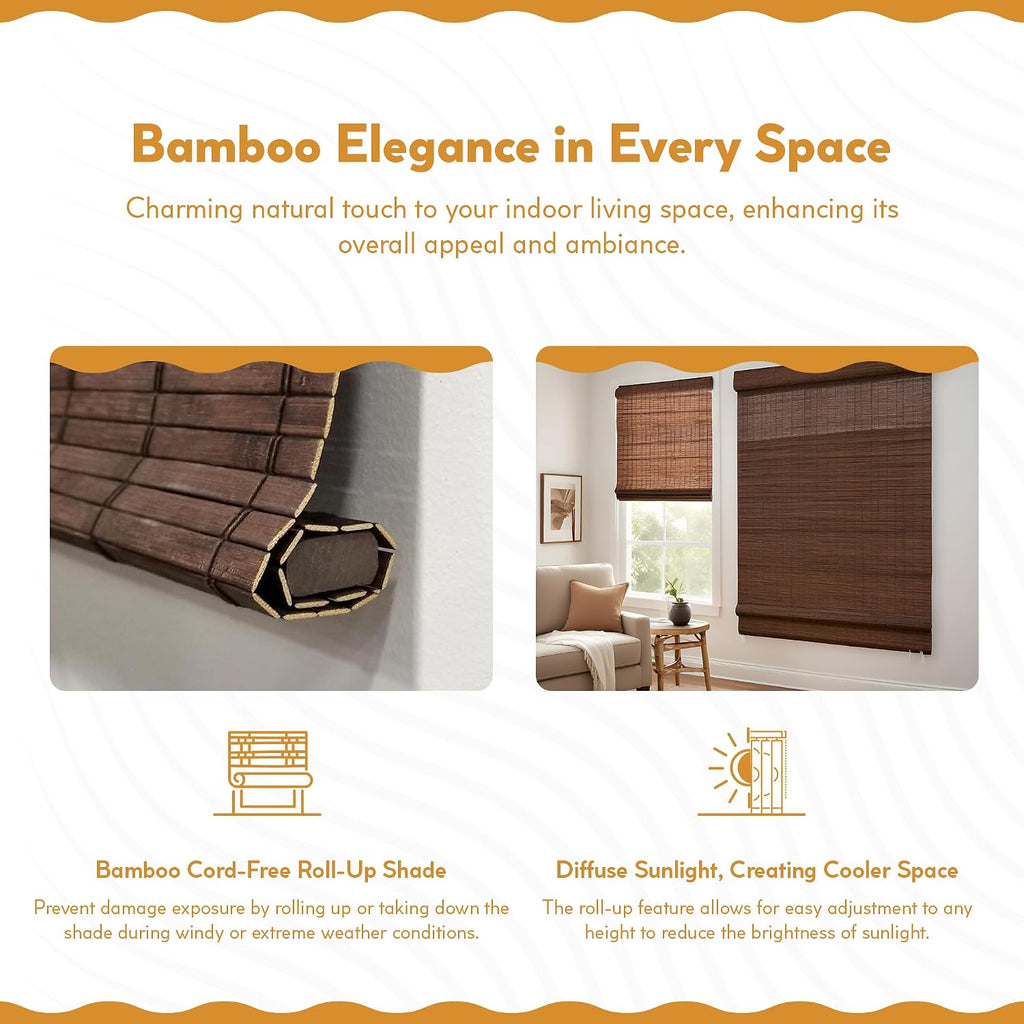 Cordless Bamboo Roman Shades for Windows - Flatstick Bamboo Blinds for Semi-Private Light Control - Easy to Lift & Fold Up Window Shades - Cocoa - - (2216300E)