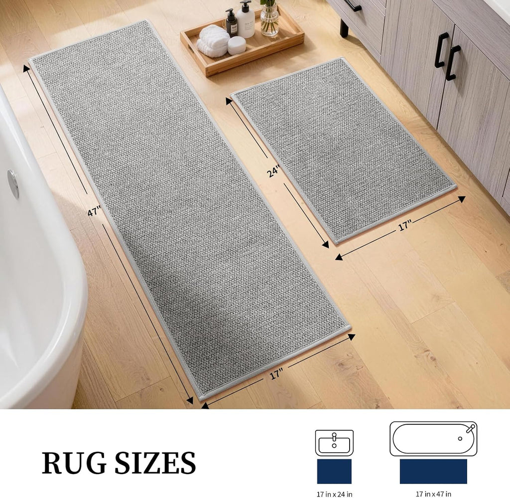 Gray Bathroom Rugs Sets 2 Piece, Quick Dry Thin Bath Mat, Non Slip Absorbent Machine Washable, Bath Runner Rug for