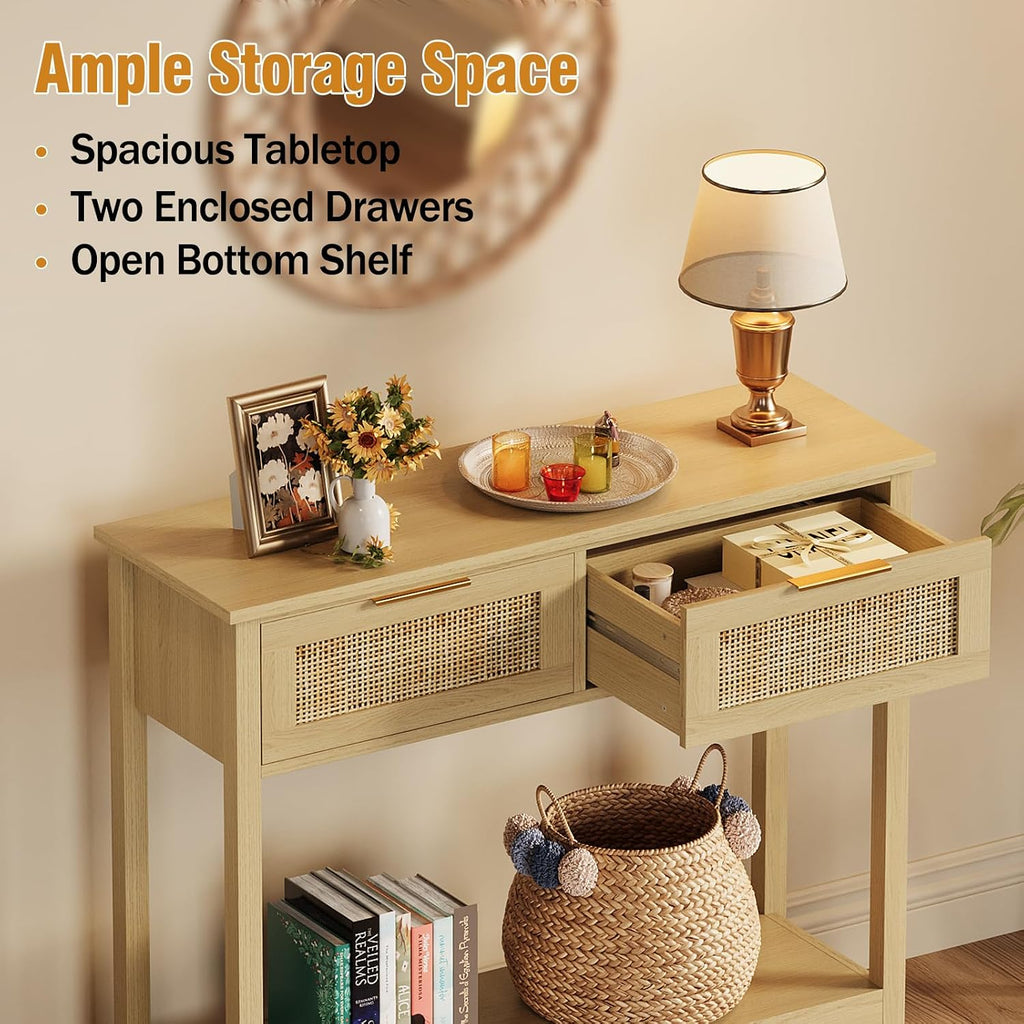 Farmhouse Rattan Console Table with 2 Drawers 2 Tier Boho Narrow Long Sofa Table Natural with Open Storage Shelf Wood
