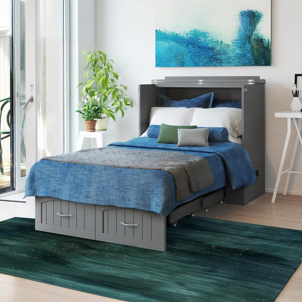 Murphy Bed Chest Twin XL with 6" Mattress, Storage Drawer & Built-in USB Charger, Grey