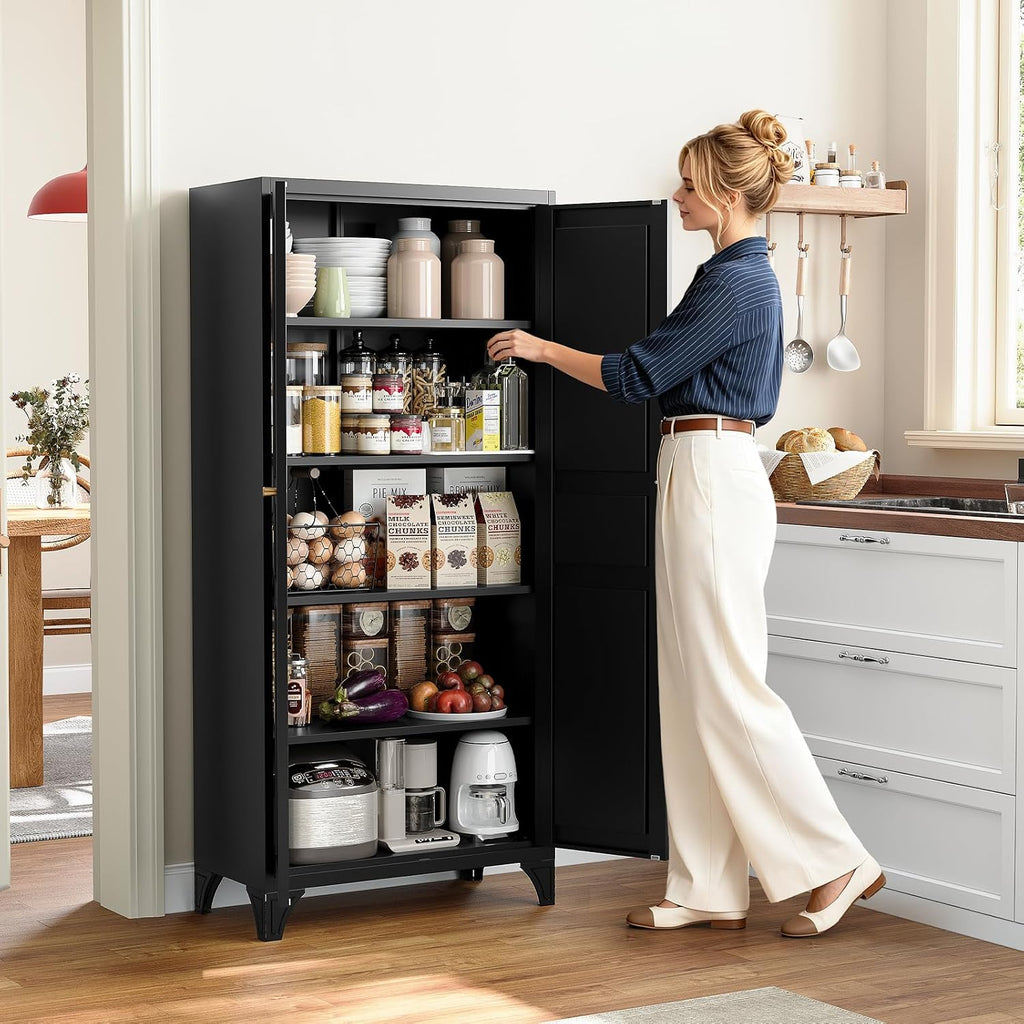 Metal Pantry Cabinet,Tall Kitchen Pantry Storage Cabinet with Doors and Adjustable Shelves - 61" Black Cupboard