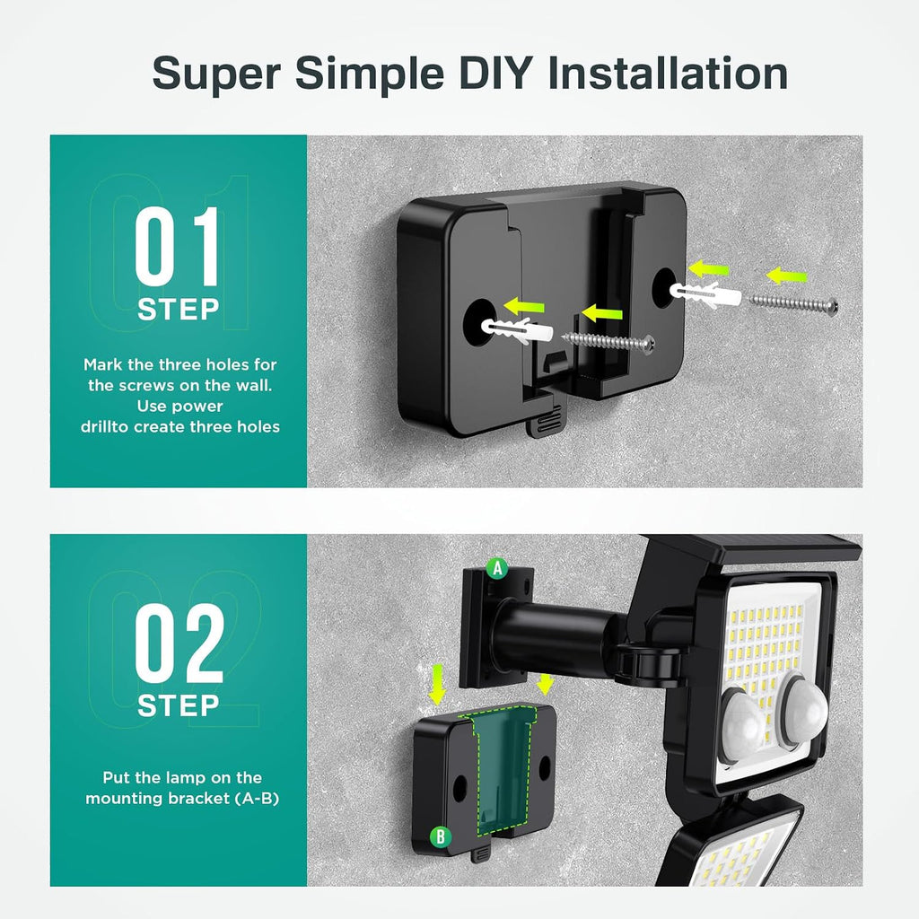 Solar Outdoor Lights - 3000LM 188 LED Motion Sensor Outdoor Lights, 4 Heads Security Light,IP65 Waterproof, Easy