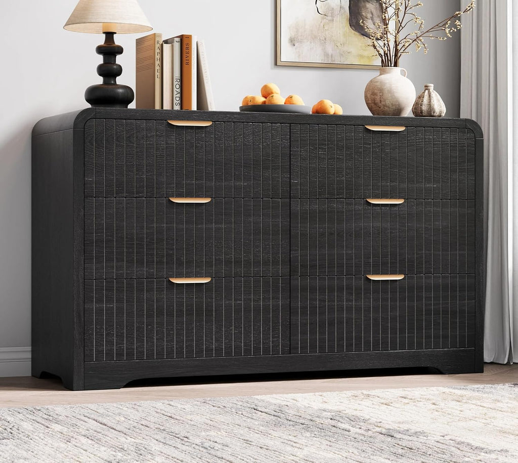 Modern 6 Drawer Dresser , 47" Wide Wood Dressers & Chests of Drawers Curved Profile Design, Mid Century Modern Fluted