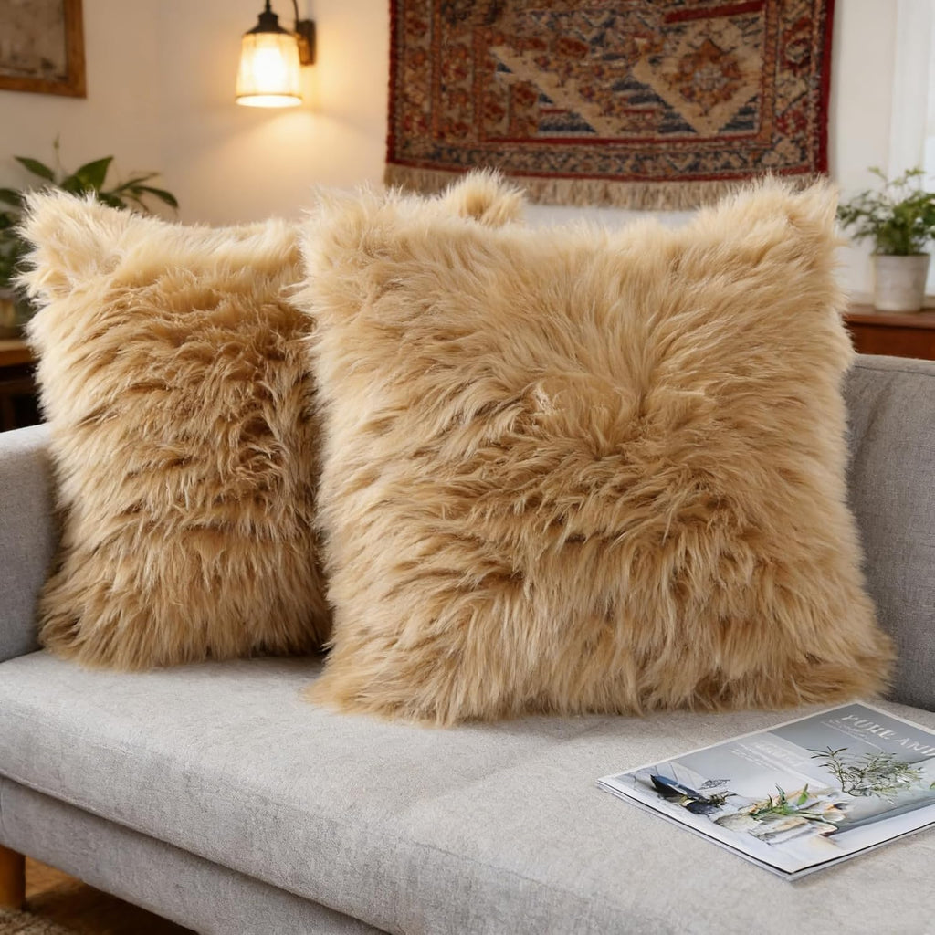 Fluffy Decorative Throw Pillow Covers Beige 20×20, Faux Fur Farmhouse Luxury Pillow Cases,Soft Plush Fuzzy Cushion