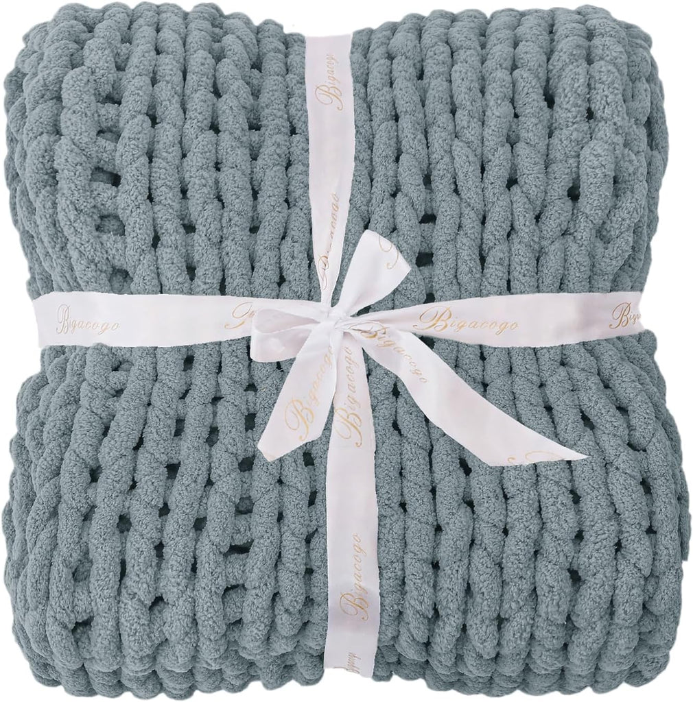 Chunky Knit Throw Blanket, 40x40 inches, 100% Hand Knitted with Thick Jumbo Chenille Yarn, Cozy Soft Large Rope Knot