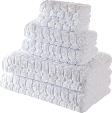 Turkish Cotton Bath Towels, Hand Towels - Soft Plush Jacquard Collection Luxury Towels Set (White, Towel Set of 6)