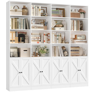 72.8" Large Bookshelf, Farmhouse Bookshelf with 8 Doors, White