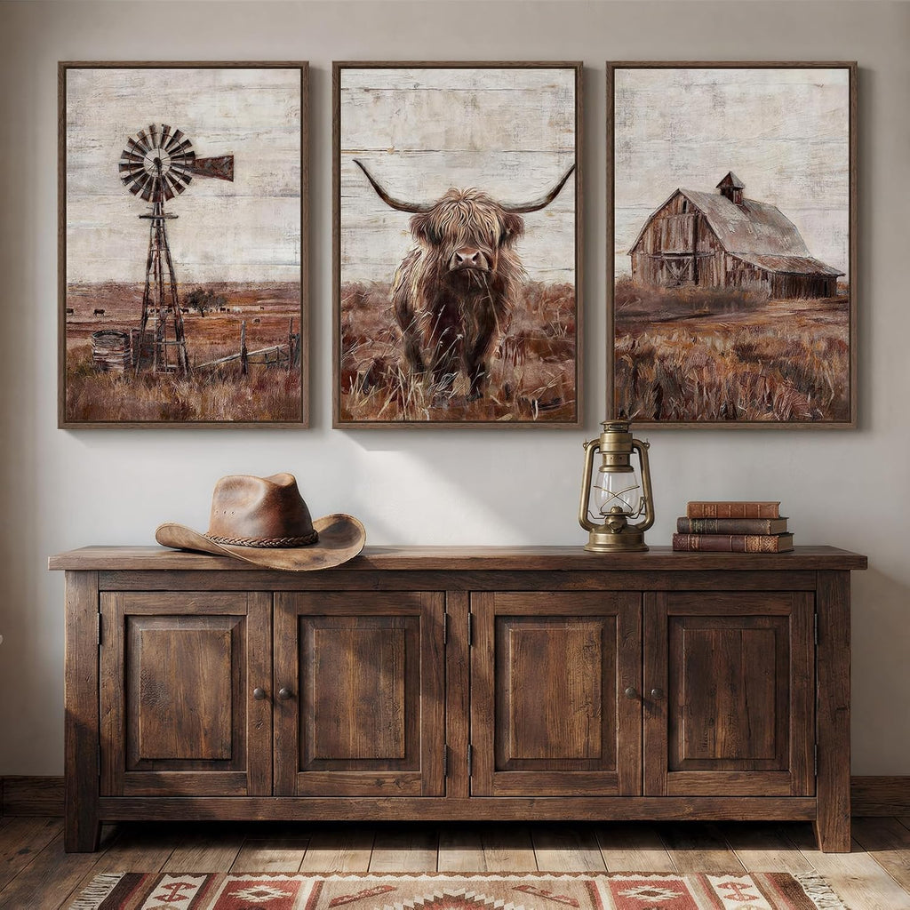 Framed Highland Cow Wall Art , Set of 3 Pieces Modern Farmhouse Canvas Prints, Brown Rustic Country Barn Wall Decor
