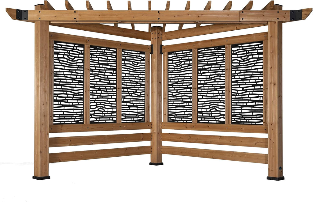 12' x 8' Cedar Wood Cabana Corner Pergola with Bamboo Privacy Panels for Outdoor Patio, Deck, Garden, Poolside