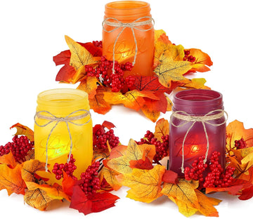 Fall Mason Jar Centerpieces for Tables - Thanksgiving Table Decorations with Autumn Leaves & Berries, Autumn Candle - Set of 3