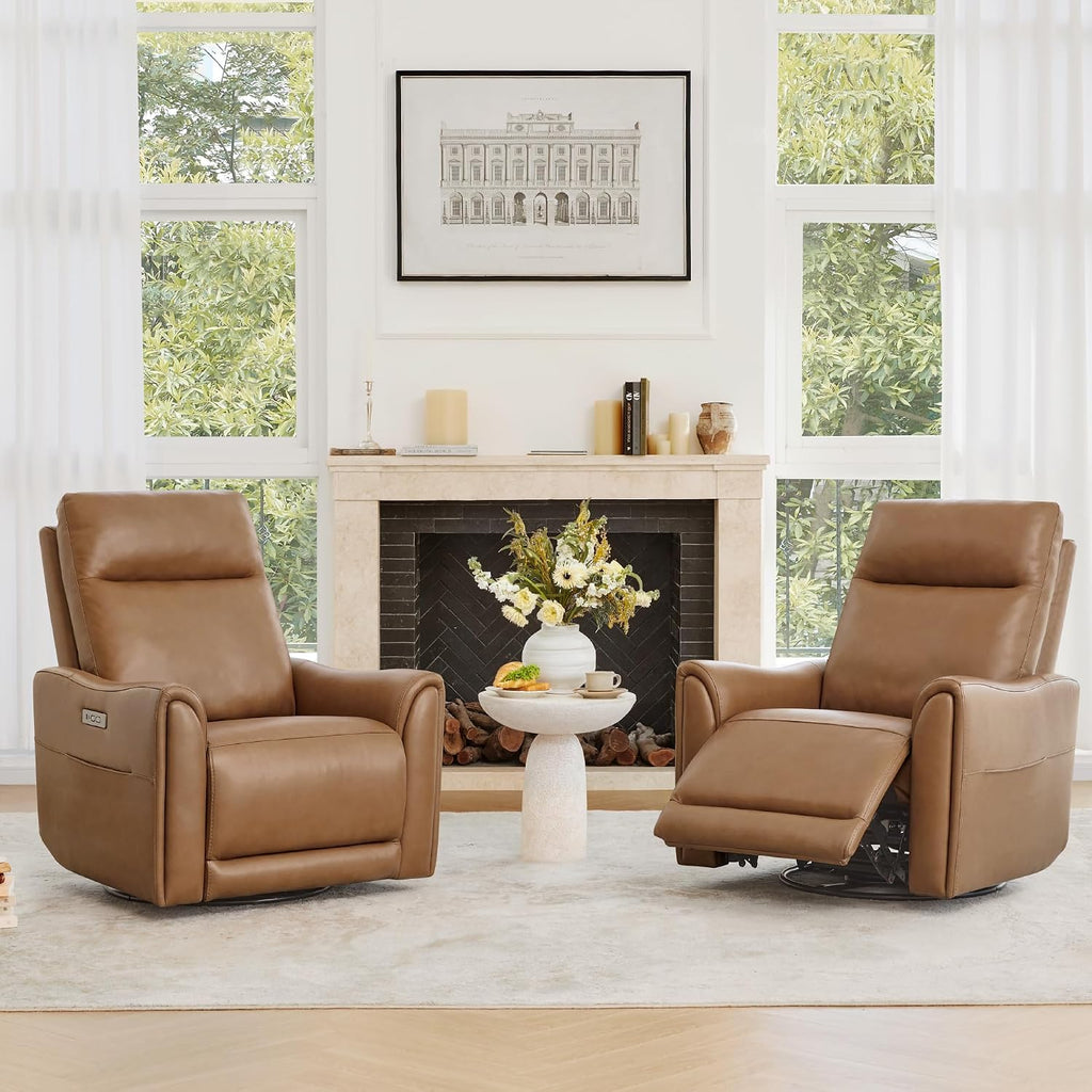 Genuine Leather Power Recliner Chairs for Adults, Swivel Glider Recliner Chair with Charging Ports, Saddle