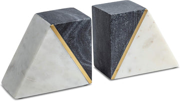 Marble Bookends with Gold Brass, Grey and White, Set of 2