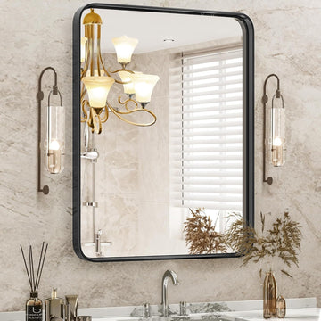 Black Metal Framed Vanity Rounded Rectangle Bathroom Mirrors for Over Sink Wall, 36x24 Inch Large Matte Mirror, Modern