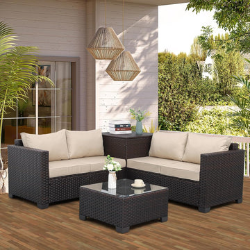 Patio Furniture Set 4 Piece Conversation Sets Brown Rattan Outdoor Couch Loveseat Wicker Sectional Sofa with Storage