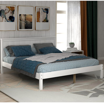 Modern Style White Solid Wood Full Size Platform Bed with Headboard/Footboard/Wood Bed Frame and Solid Wood Legs, No