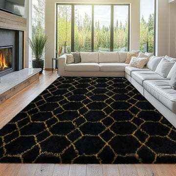 Shag Rugs 8x10: Black and Gold Geometric Area Rug