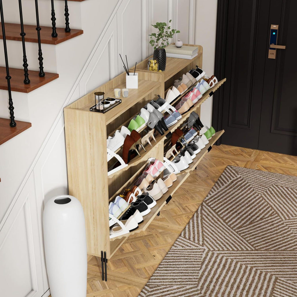 Two-Layer Shoe Cabinet with Two Flip Drawers,Wooden Thin Shoe Cabinet with Metal Handles and Metal Legs,Anti-Dump