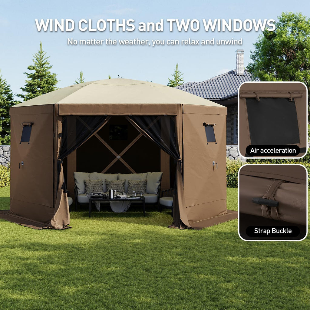 12x12FT Pop Up Canopy Tent, 6-Sided Pop-up Gazebo Screen Tent with Mesh Windows