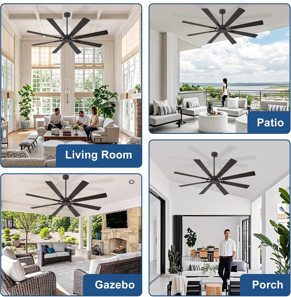 Large Ceiling Fan No Light: Modern 72 Inch 8 Blade Outdoor Ceiling Fans with Remote APP Control - Black Big Fan