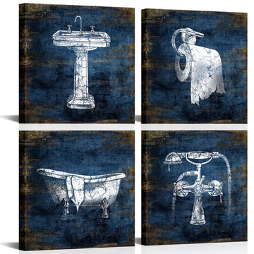 Blue Bathroom Decor Wall Art Framed Canvas Print Pictures 4 Pieces Abstract Pictures Modern Navy Framed Wall Decor